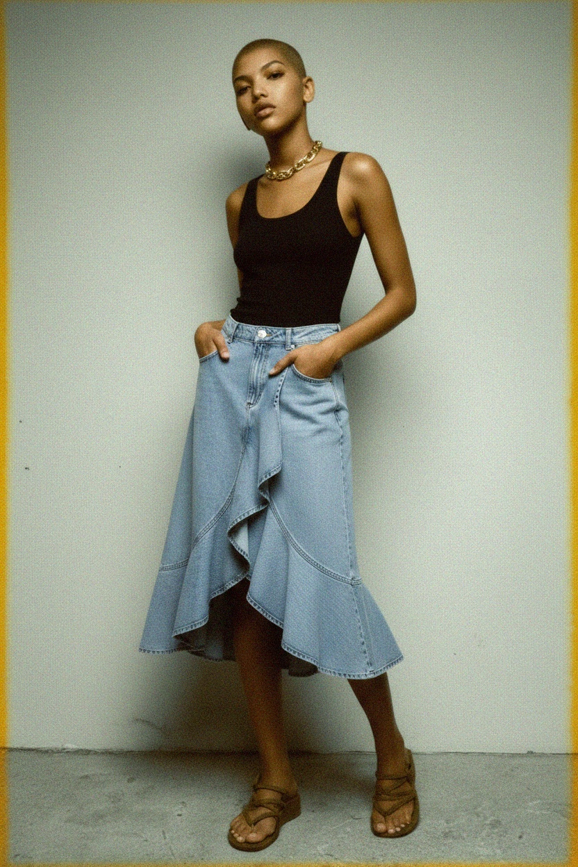Denim Ruffle Midi Skirt with Asymmetrical Hem photo 3