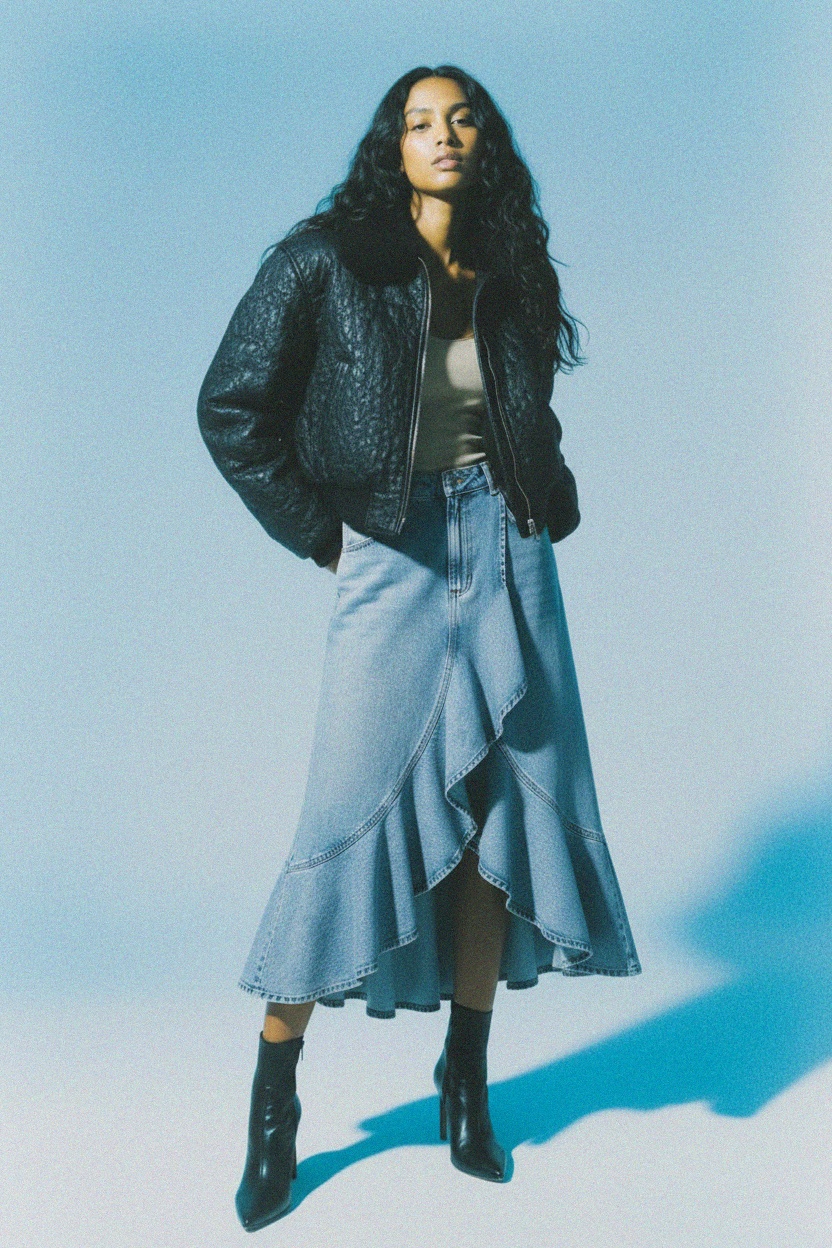 Denim Ruffle Midi Skirt with Asymmetrical Hem photo 4