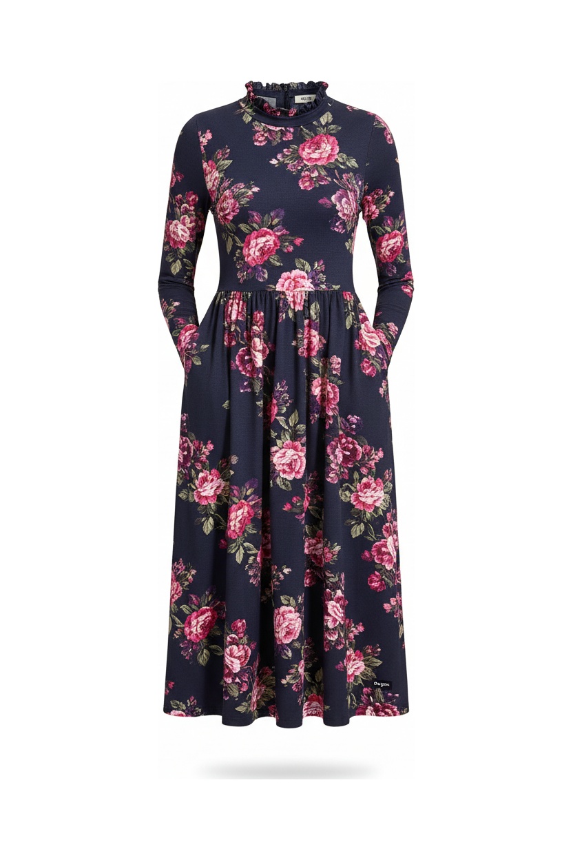 Floral Print Long Sleeve Midi Dress with Ruffle Neck photo 1