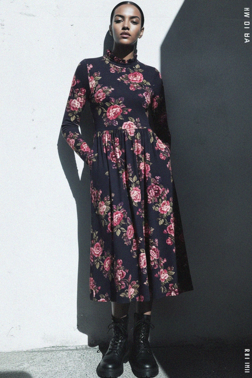 Floral Print Long Sleeve Midi Dress with Ruffle Neck photo 2
