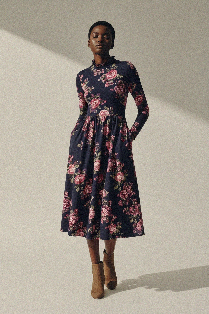 Floral Print Long Sleeve Midi Dress with Ruffle Neck photo 3