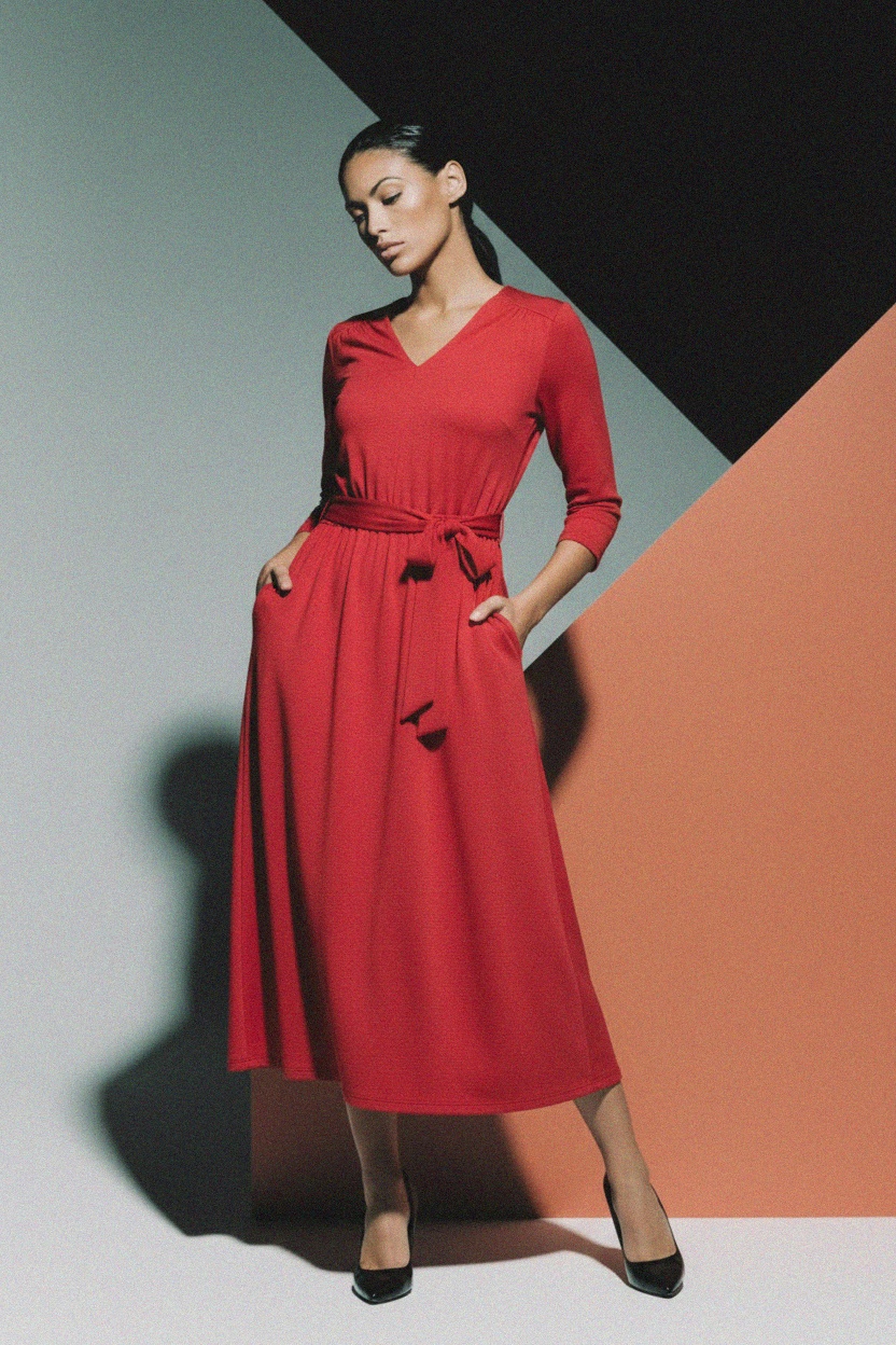 Elegant Red Midi Dress with V-Neck and Tie Waist photo 3