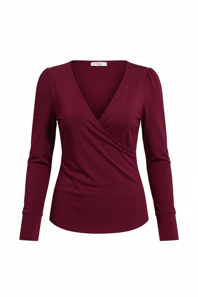 Burgundy Wrap V-Neck Long Sleeve Top photo 1
