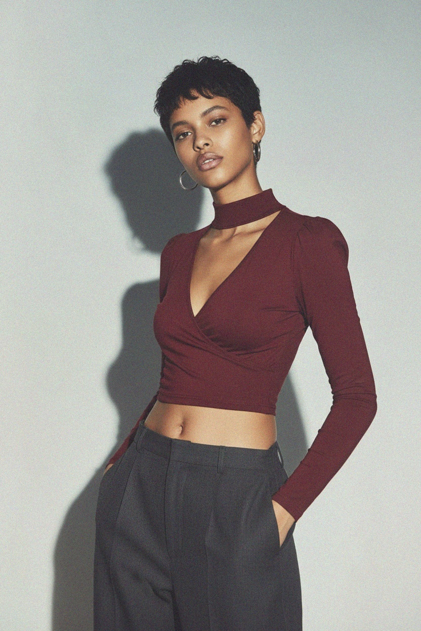 Burgundy Wrap V-Neck Long Sleeve Top photo 3