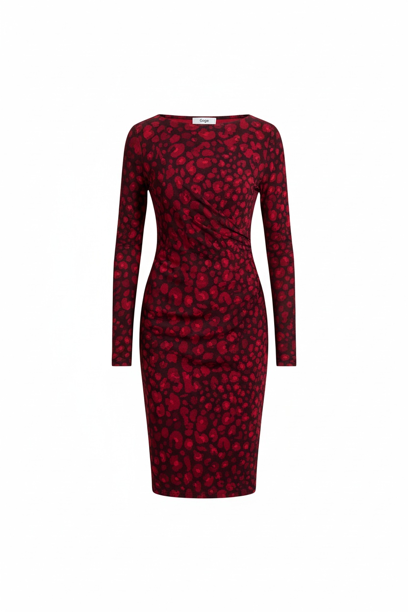 Chic Red Leopard Print Long Sleeve Midi Dress photo 1