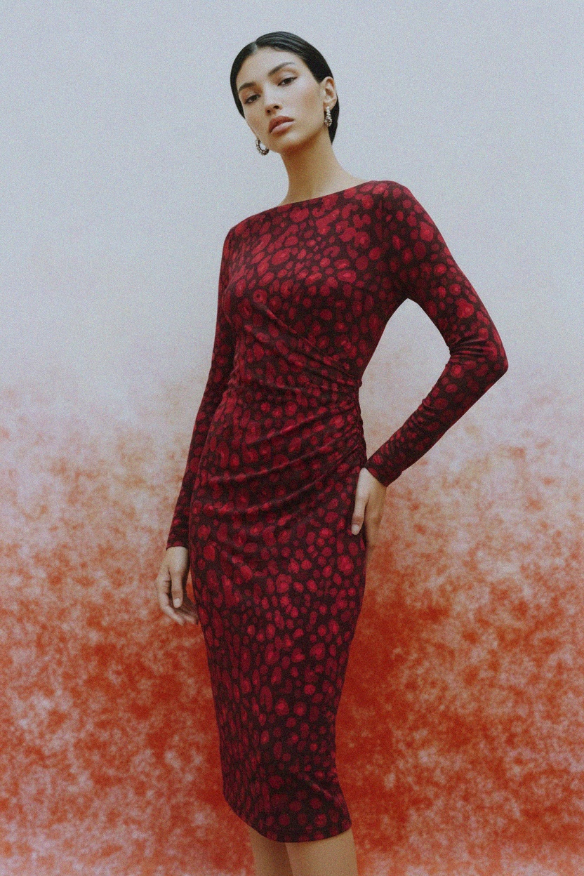 Chic Red Leopard Print Long Sleeve Midi Dress photo 2