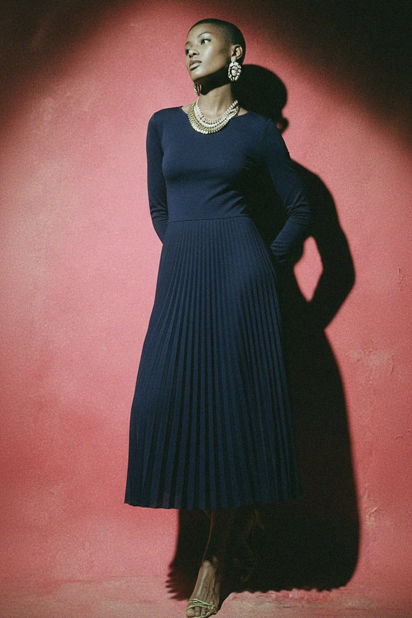 Classic Navy Blue Long Sleeve Midi Dress photo 2