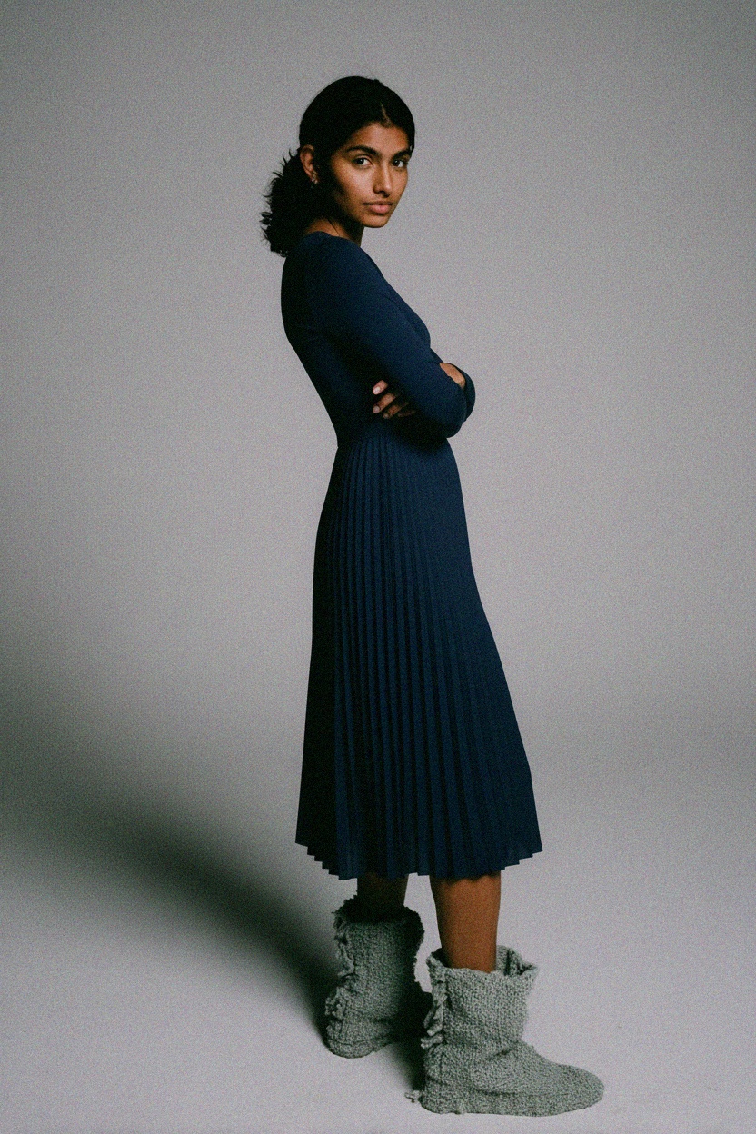 Classic Navy Blue Long Sleeve Midi Dress photo 3
