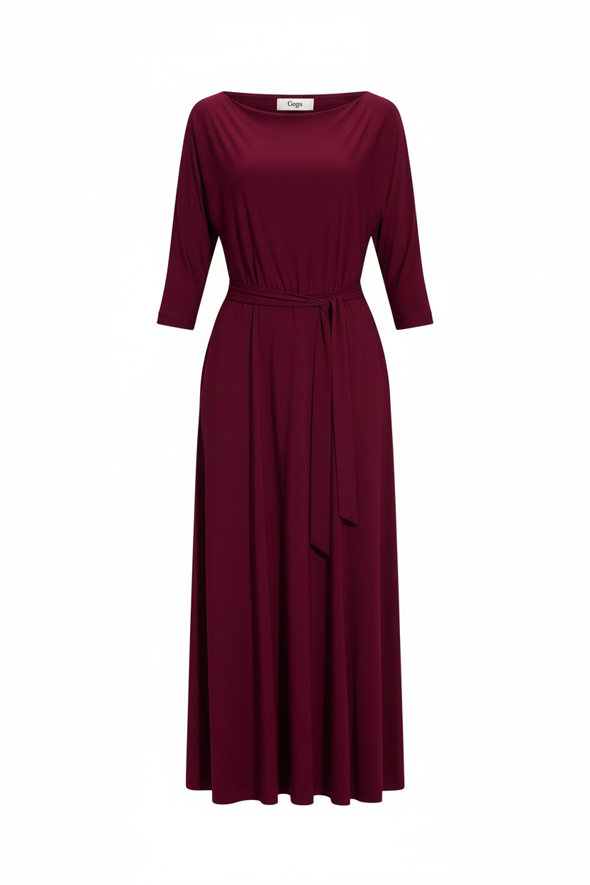 Burgundy Maxi Dress with Tie Waist and Pockets photo 1