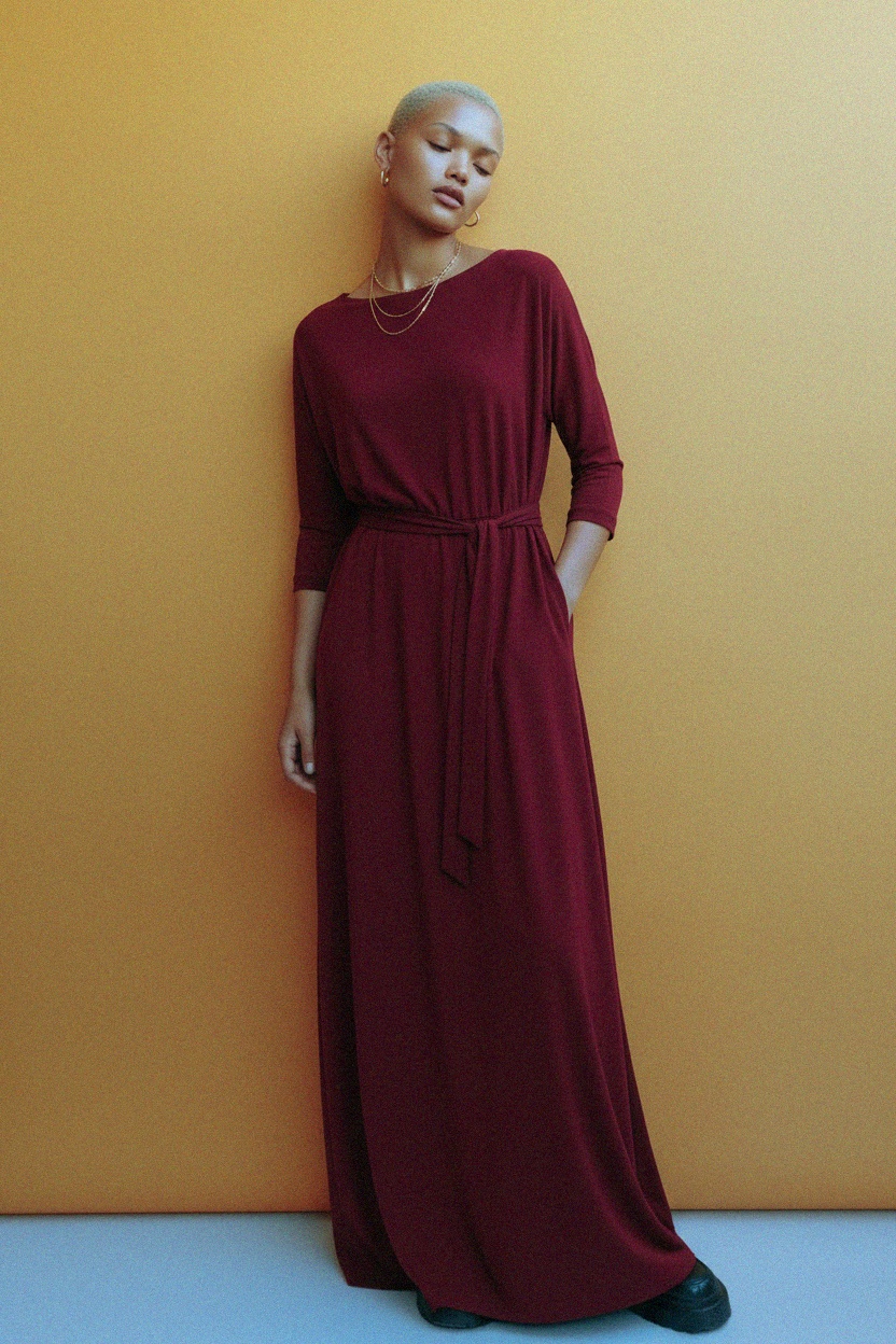 Burgundy Maxi Dress with Tie Waist and Pockets photo 3
