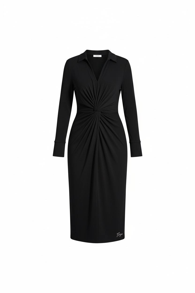 Black Long Sleeve Midi Dress with Twist Front Detail photo 1