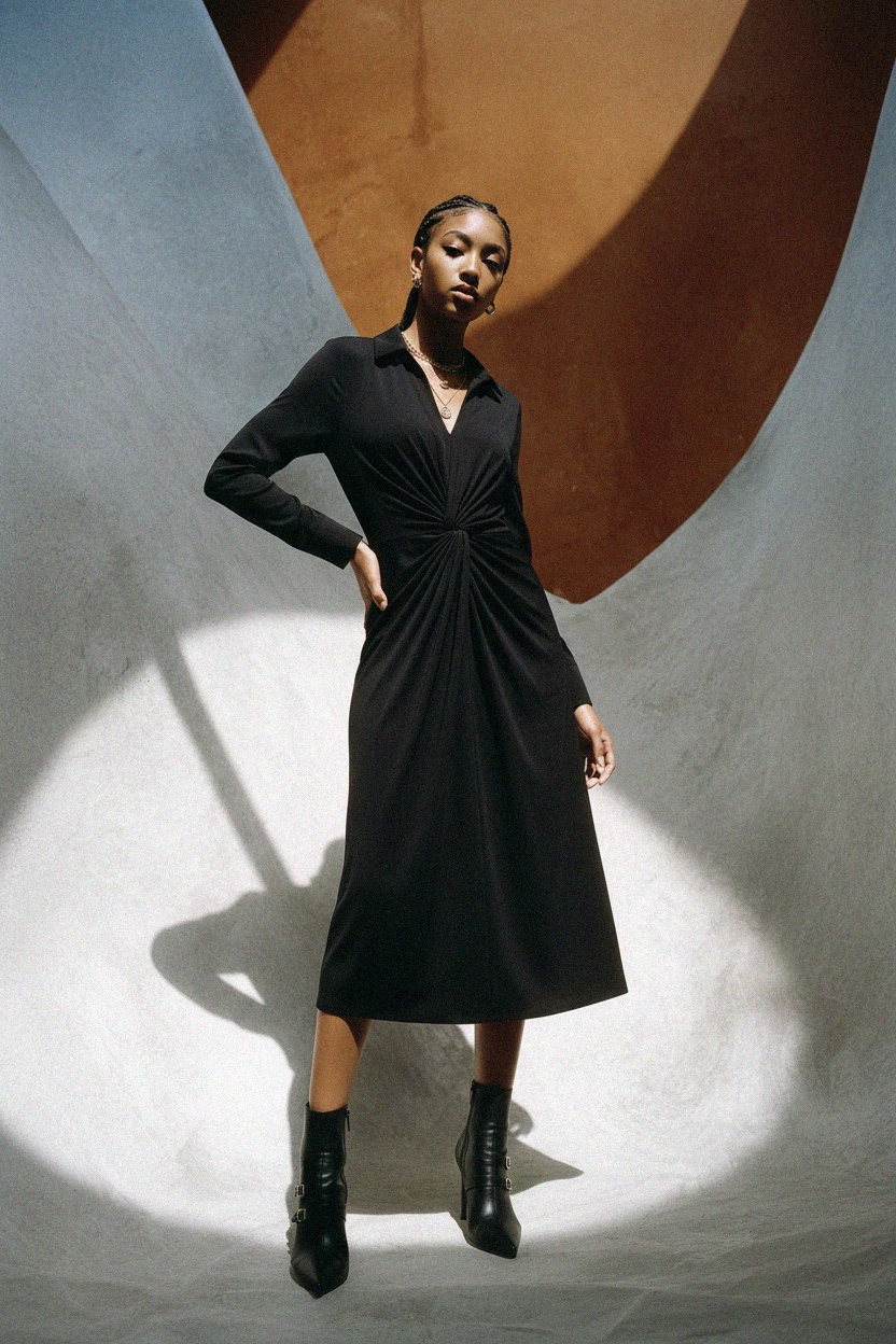 Black Long Sleeve Midi Dress with Twist Front Detail photo 3