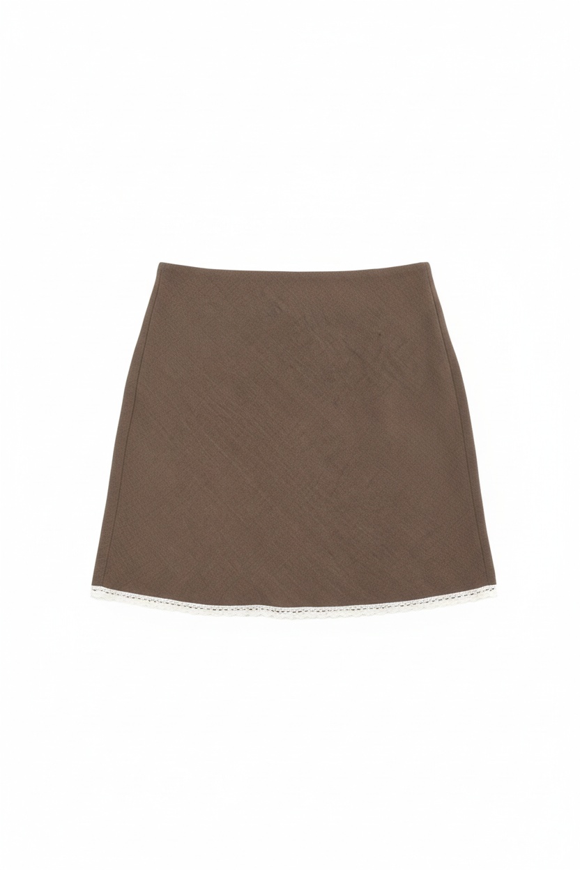 Brown Mini Skirt with Delicate Lace Trim photo 1