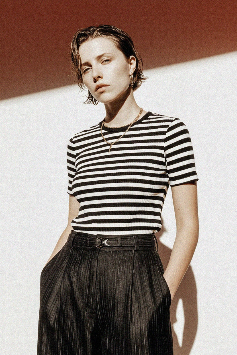 Striped Ribbed Short Sleeve Top photo 2