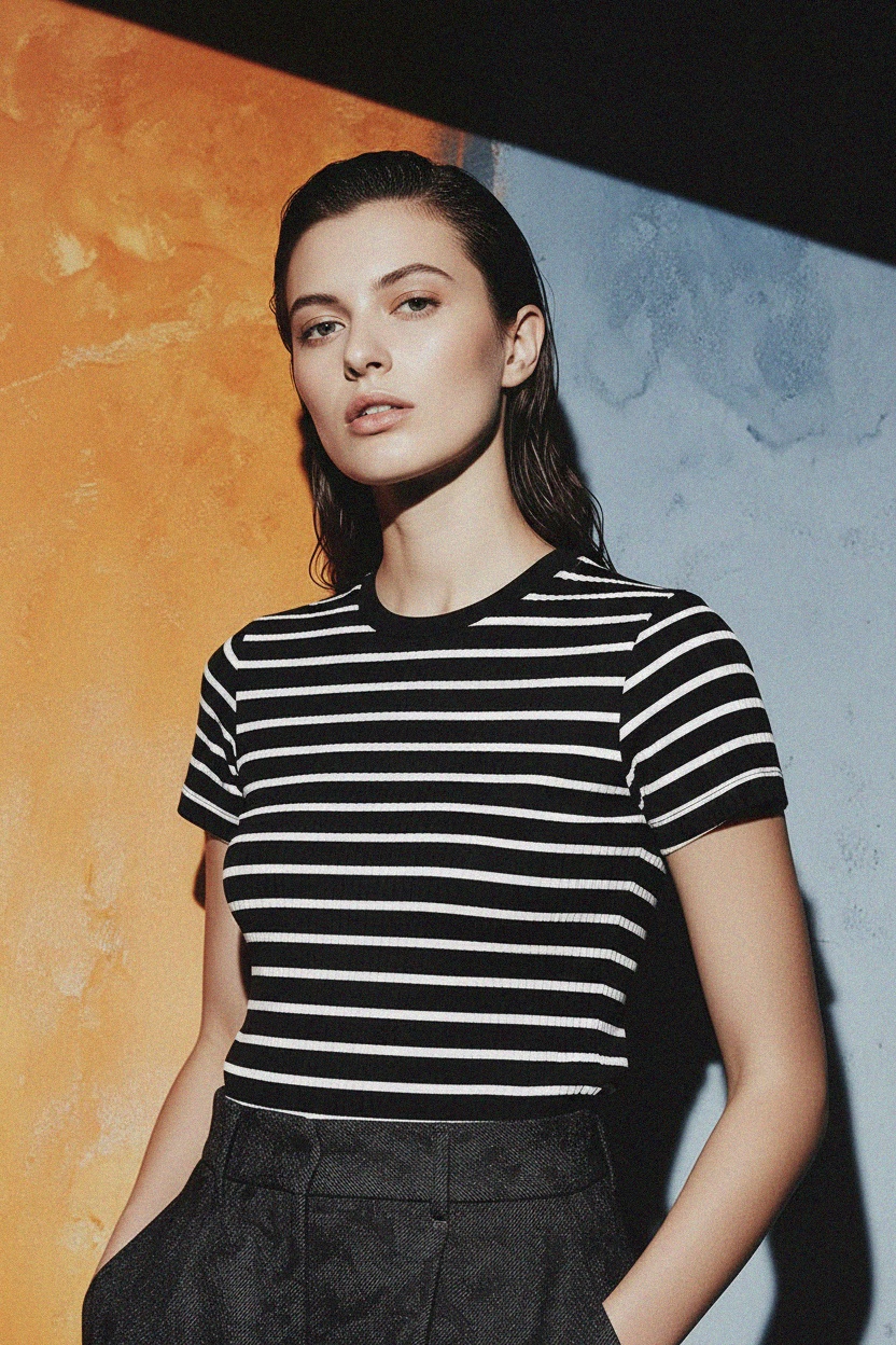 Striped Ribbed Short Sleeve Top photo 3