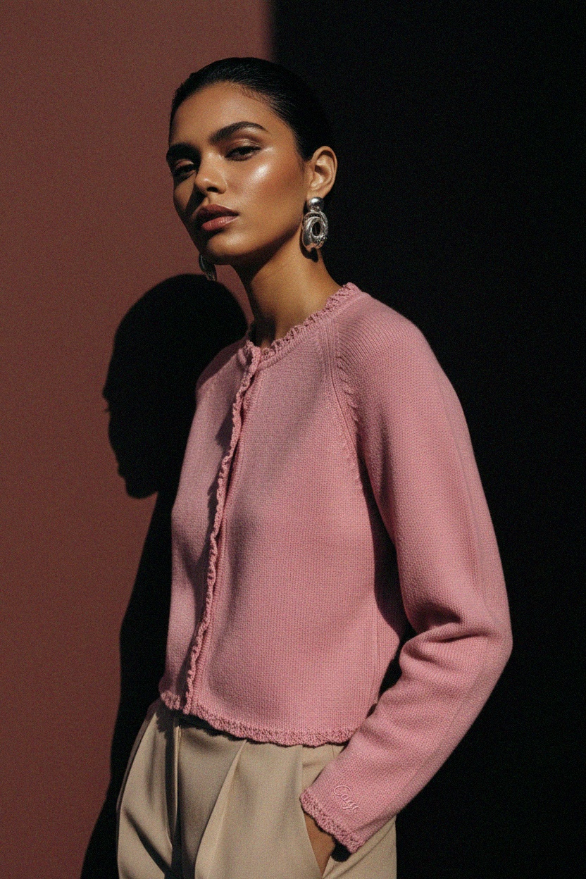 Soft Pink Knit Cardigan with Decorative Trim photo 2
