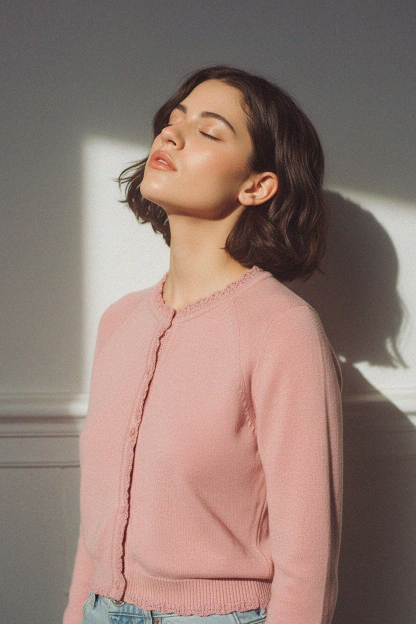 Soft Pink Knit Cardigan with Decorative Trim photo 3