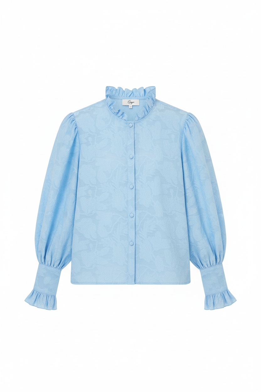 Textured Blue Blouse with Ruffle Collar and Puffy Sleeves photo 1
