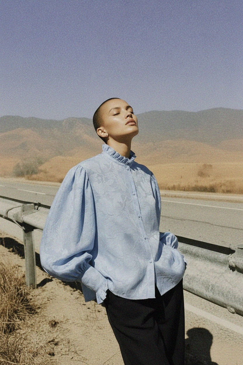 Textured Blue Blouse with Ruffle Collar and Puffy Sleeves photo 3