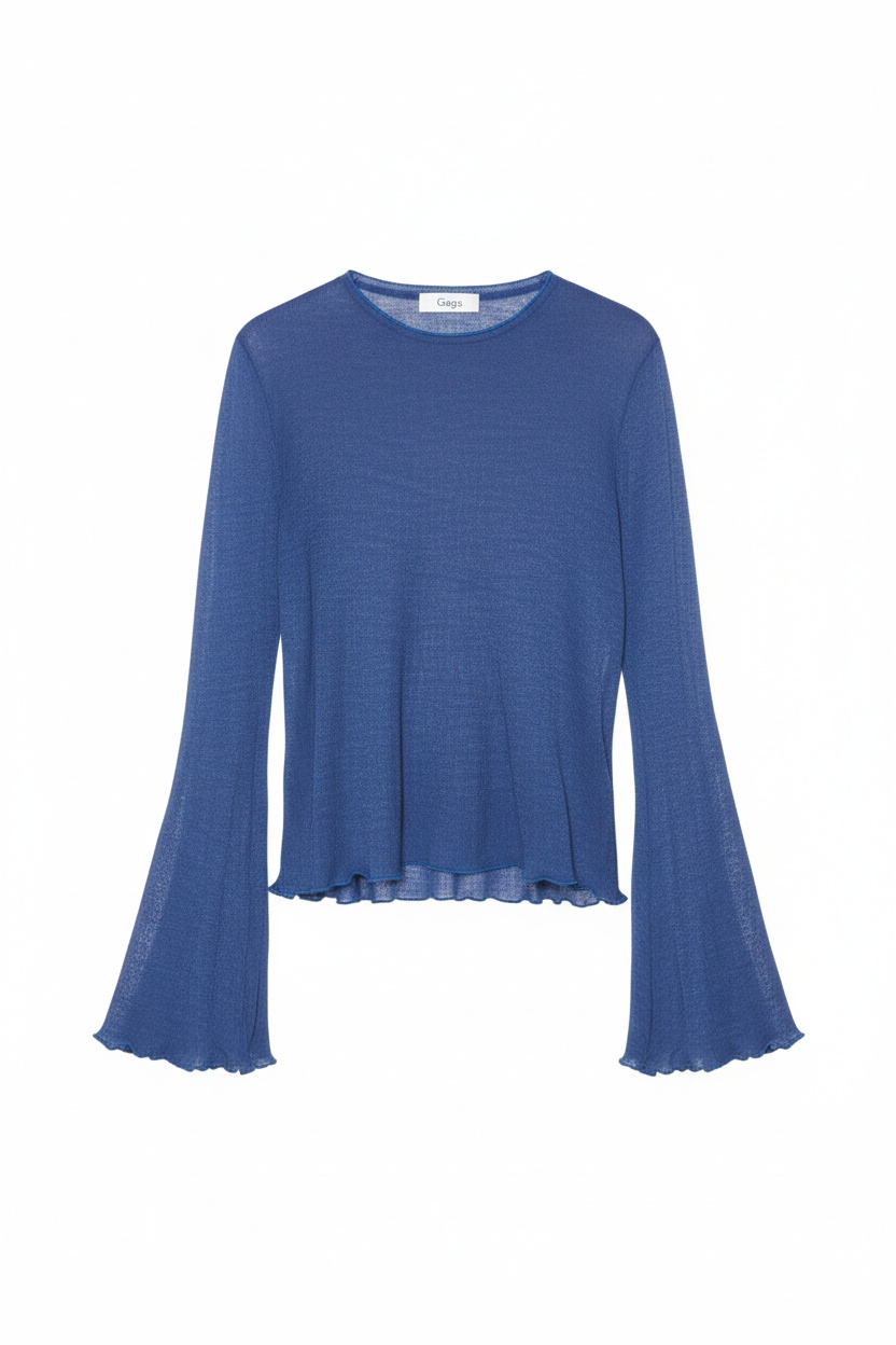 Blue Knit Top with Ruffled Hem and Cuffs photo 1