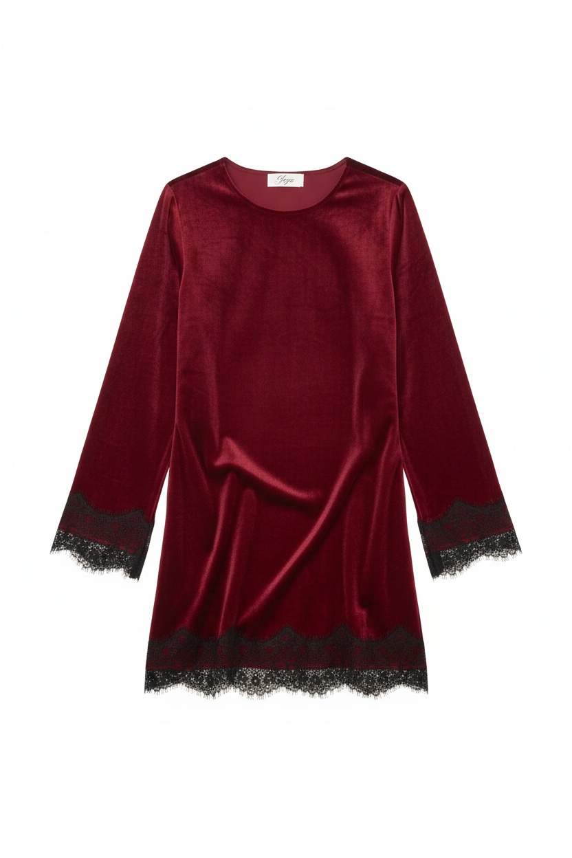 Red Velvet Mini Dress with Black Lace Trim photo 1