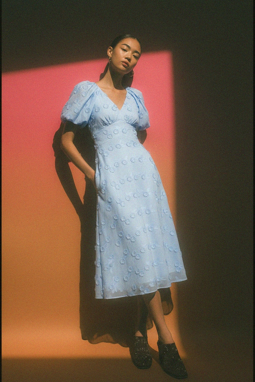 Elegant Blue Floral Midi Dress with Puff Sleeves photo 4