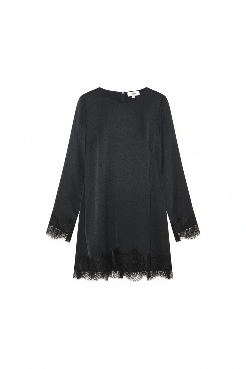 Elegant Black Mini Dress with Lace Trim & Long Sleeves photo 1