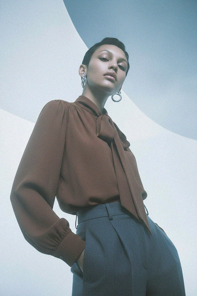 Elegant Brown Pussy-Bow Blouse photo 2