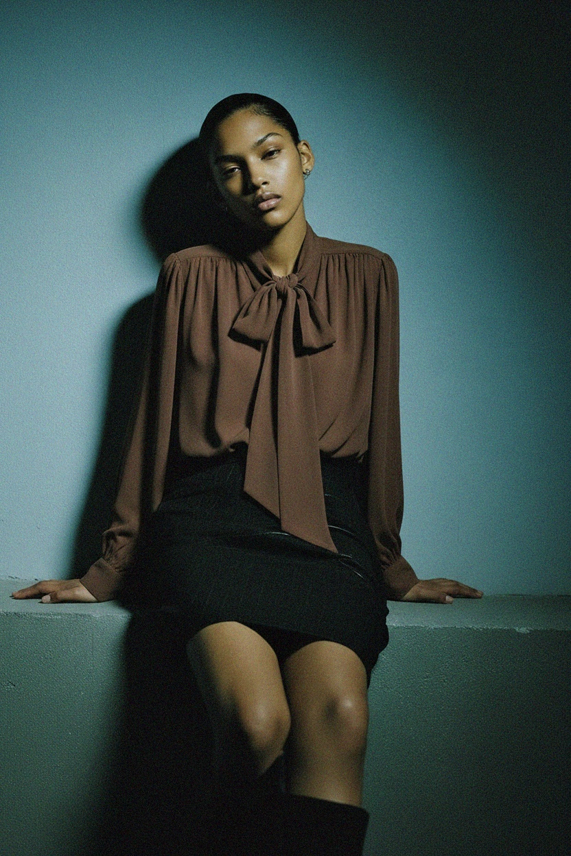 Elegant Brown Pussy-Bow Blouse photo 3