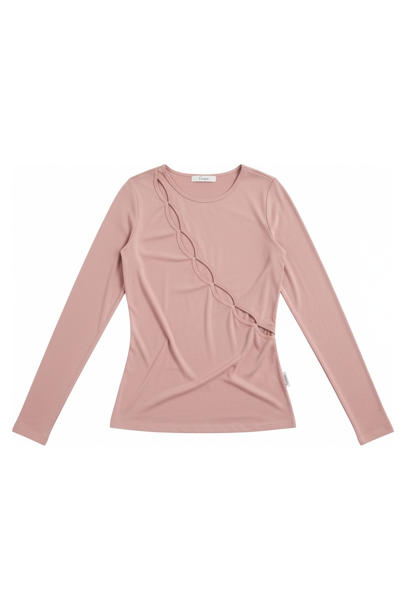 Dusty Pink Fitted Long Sleeve Top with Scalloped Cutouts photo 1