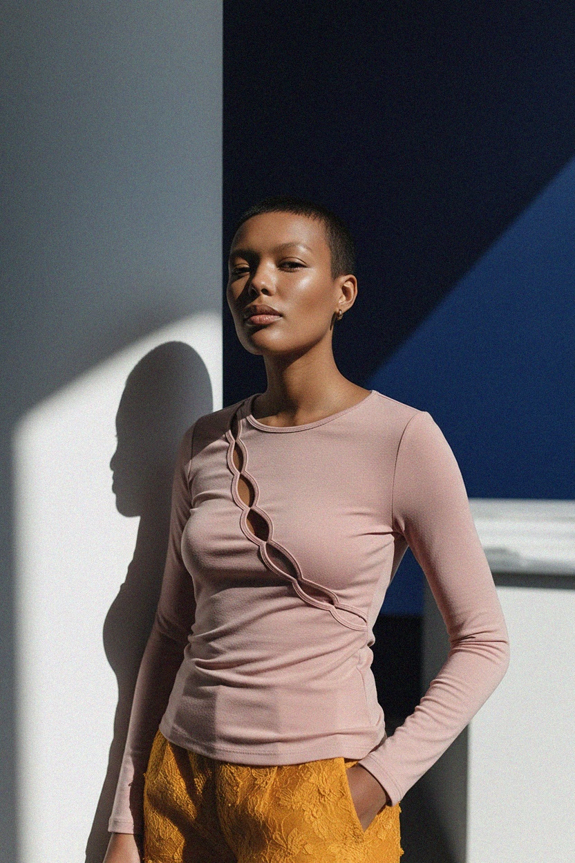 Dusty Pink Fitted Long Sleeve Top with Scalloped Cutouts photo 3