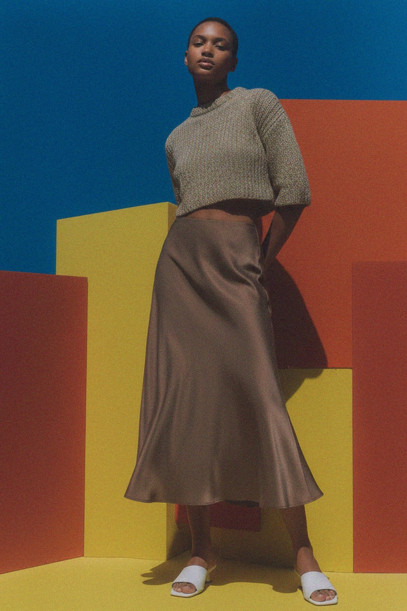 Flowy Brown Midi Skirt with Elegant Drape photo 3