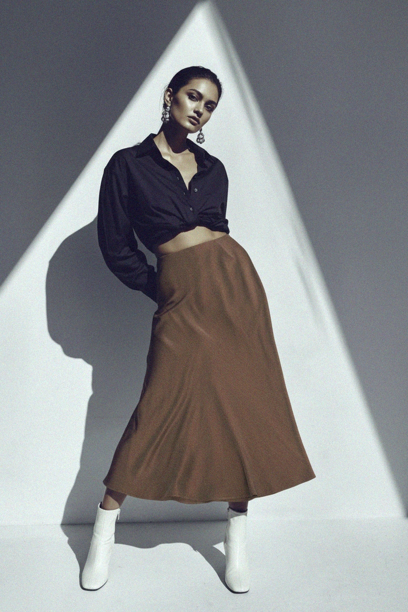 Flowy Brown Midi Skirt with Elegant Drape photo 4