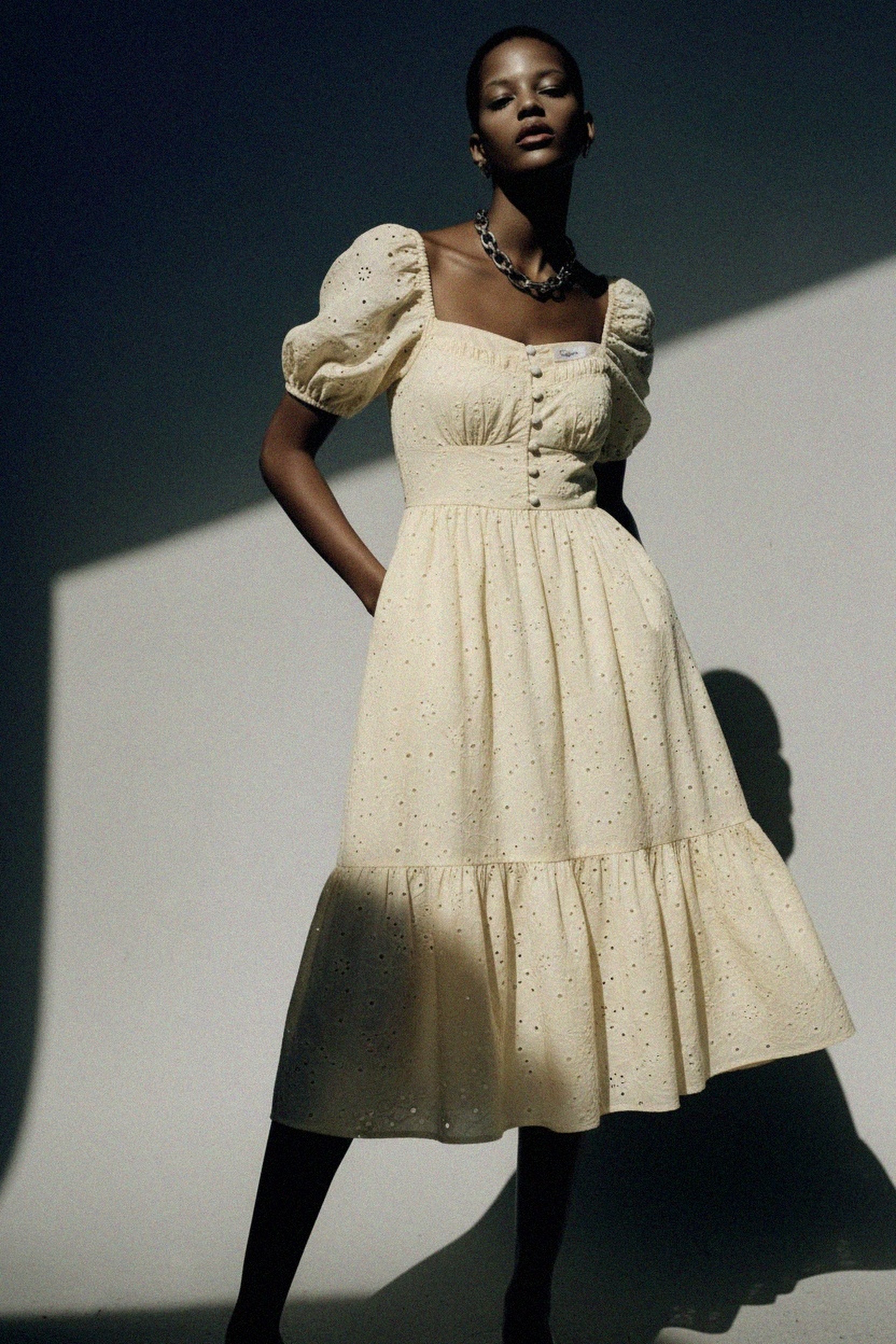 Chic Eyelet Midi Dress with Puffed Sleeves photo 2