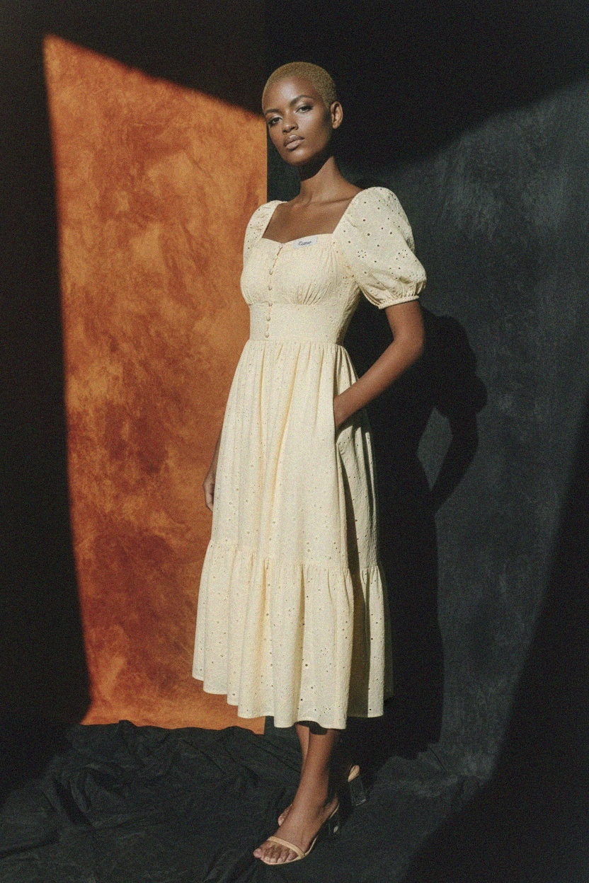 Chic Eyelet Midi Dress with Puffed Sleeves photo 3