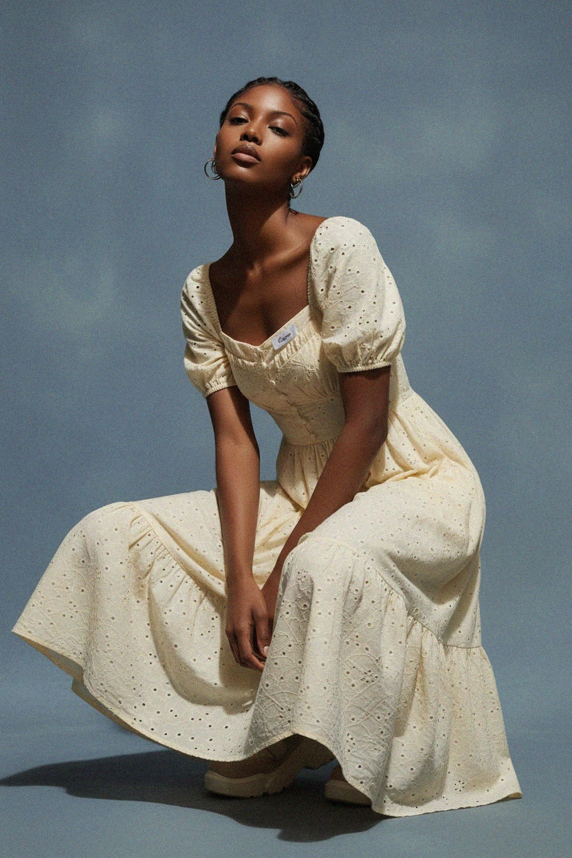 Chic Eyelet Midi Dress with Puffed Sleeves photo 4