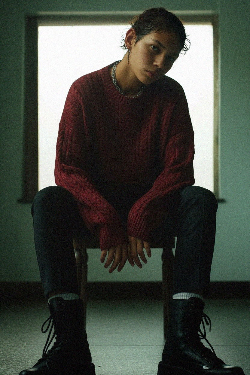 Cozy Cable Knit Oversized Sweater in Deep Red photo 2