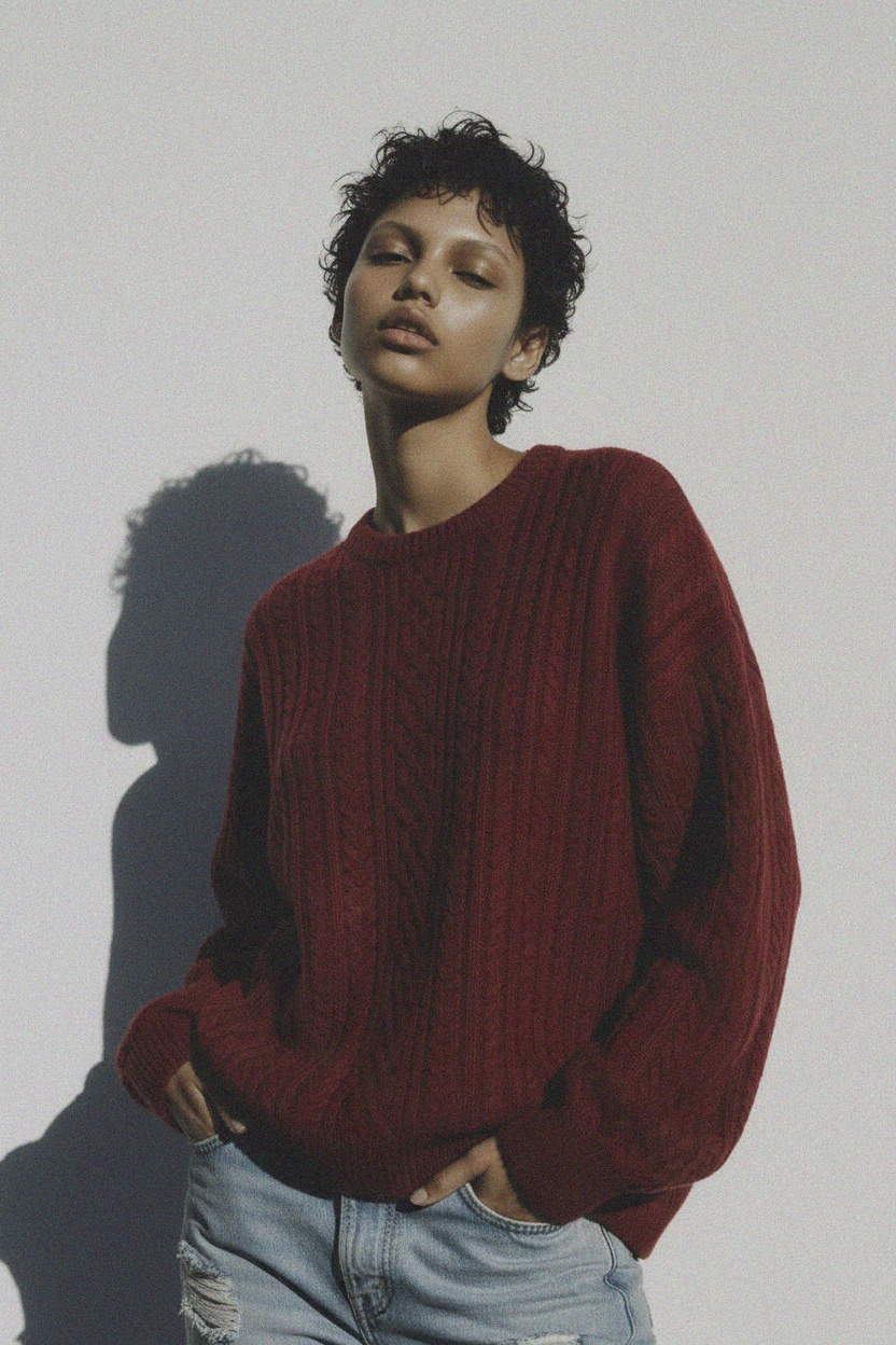 Cozy Cable Knit Oversized Sweater in Deep Red photo 3