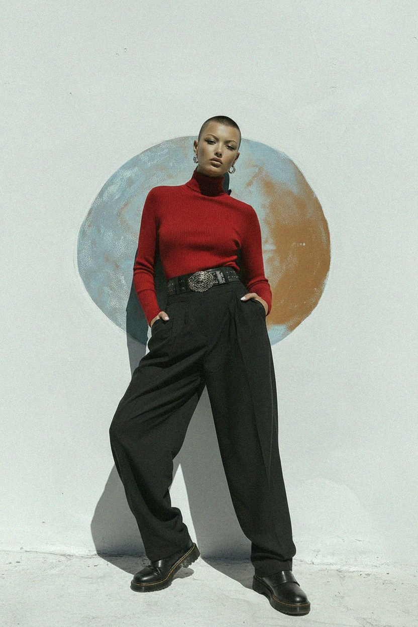Classic Ribbed Turtleneck Top in Red photo 3