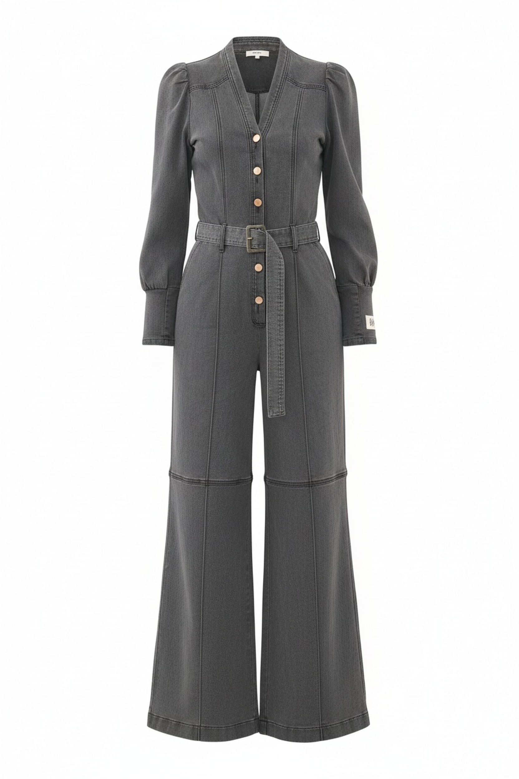 Washed Grey Denim Jumpsuit with Belt & Wide Leg photo 1