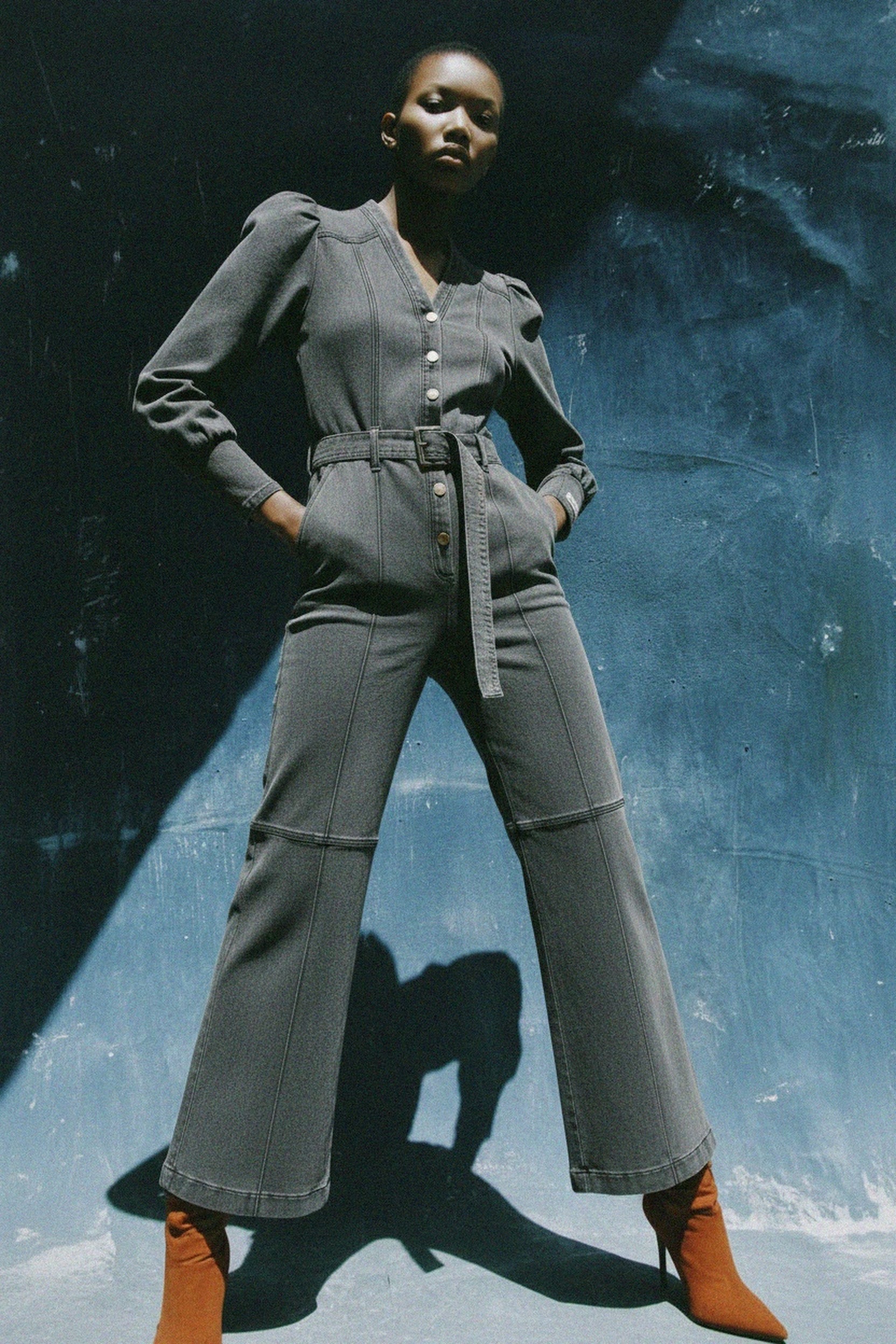 Washed Grey Denim Jumpsuit with Belt & Wide Leg photo 2