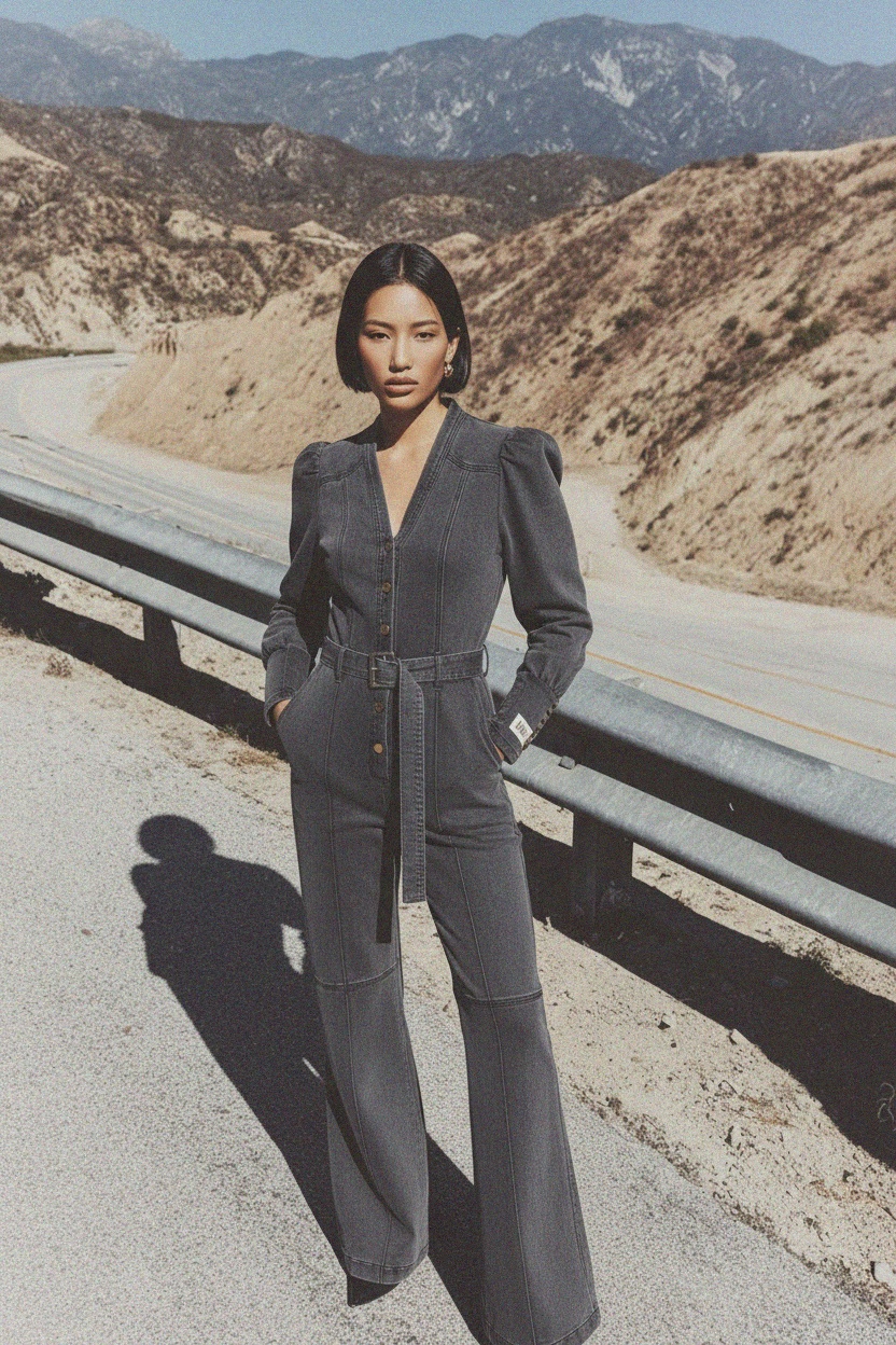 Washed Grey Denim Jumpsuit with Belt & Wide Leg photo 3