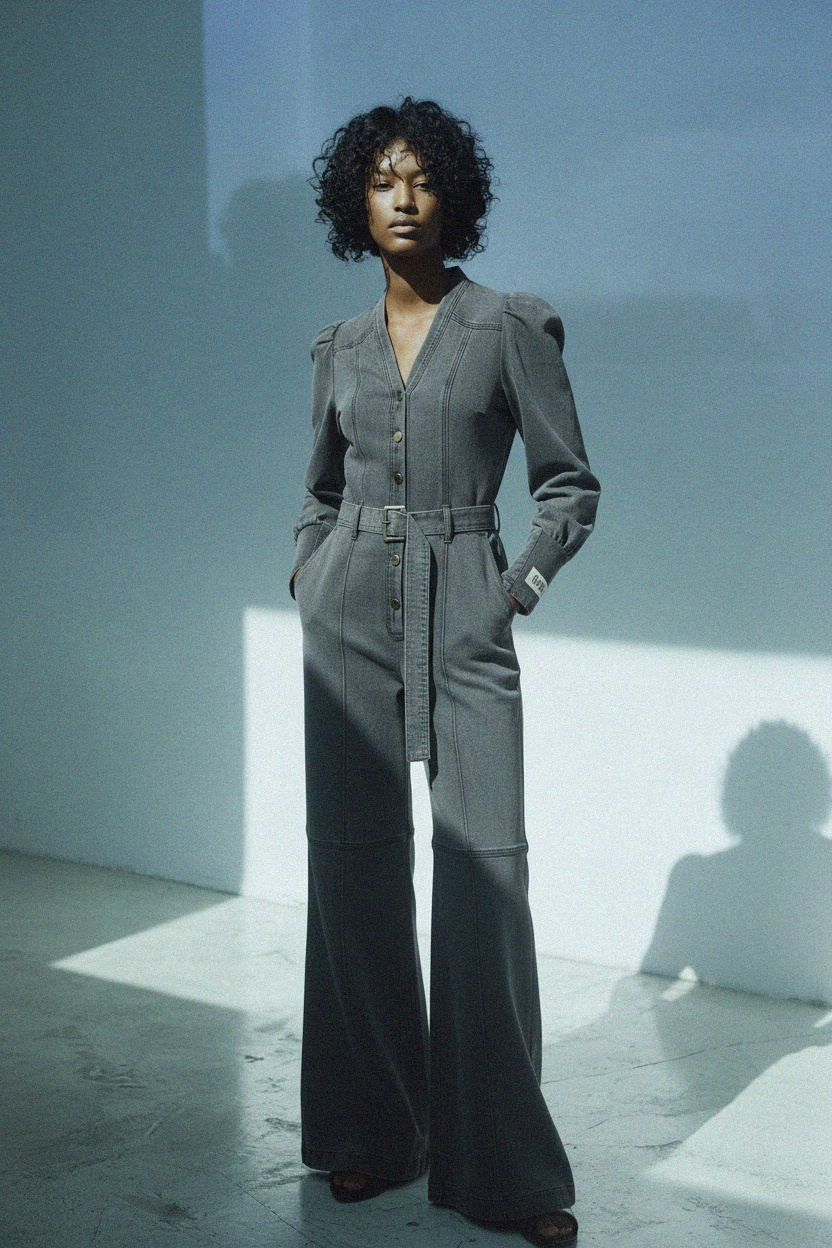 Washed Grey Denim Jumpsuit with Belt & Wide Leg photo 4