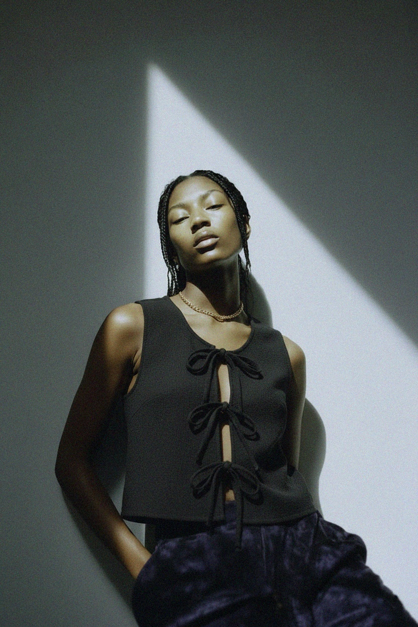 Black Textured Tie-Front Sleeveless Top photo 2