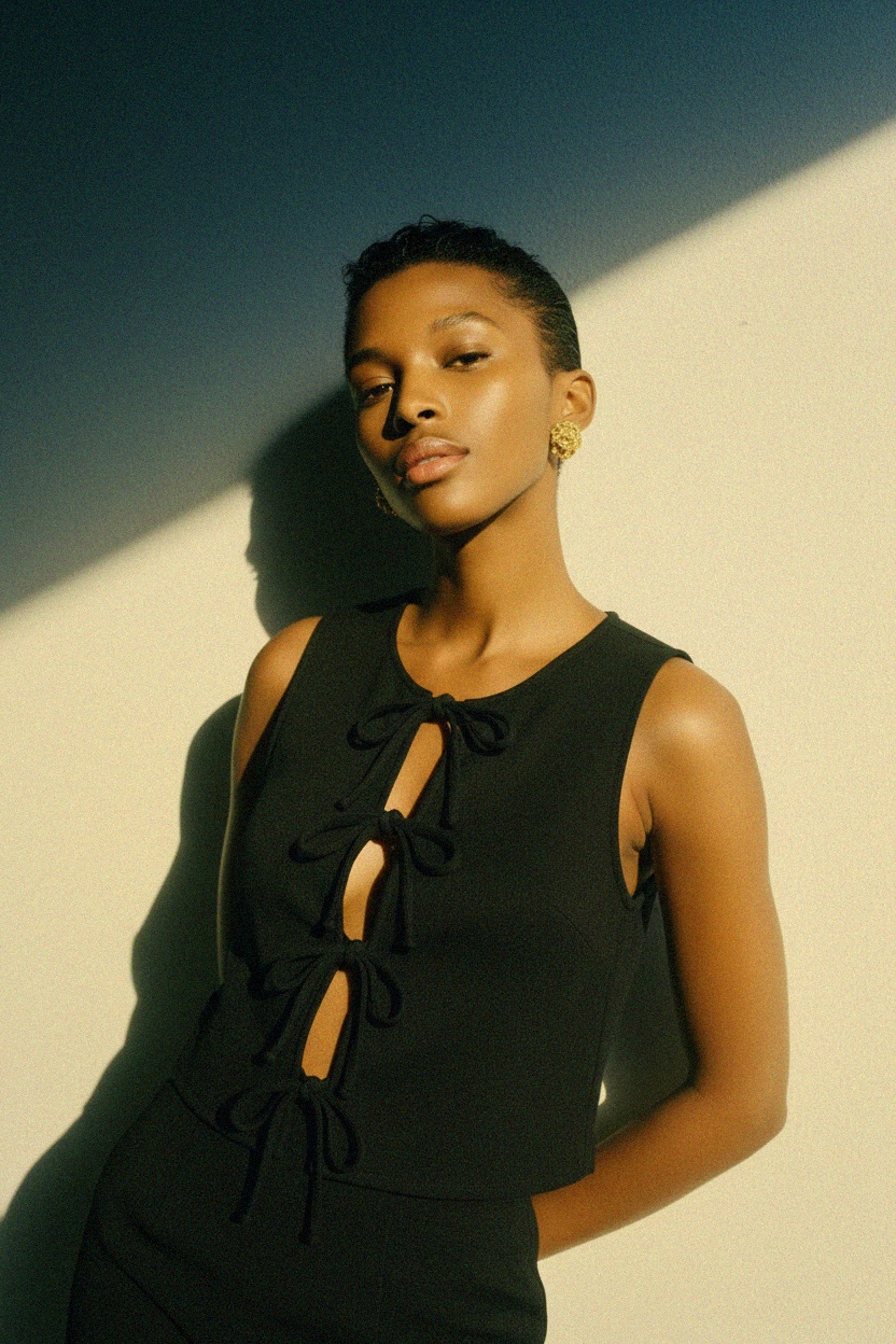 Black Textured Tie-Front Sleeveless Top photo 3