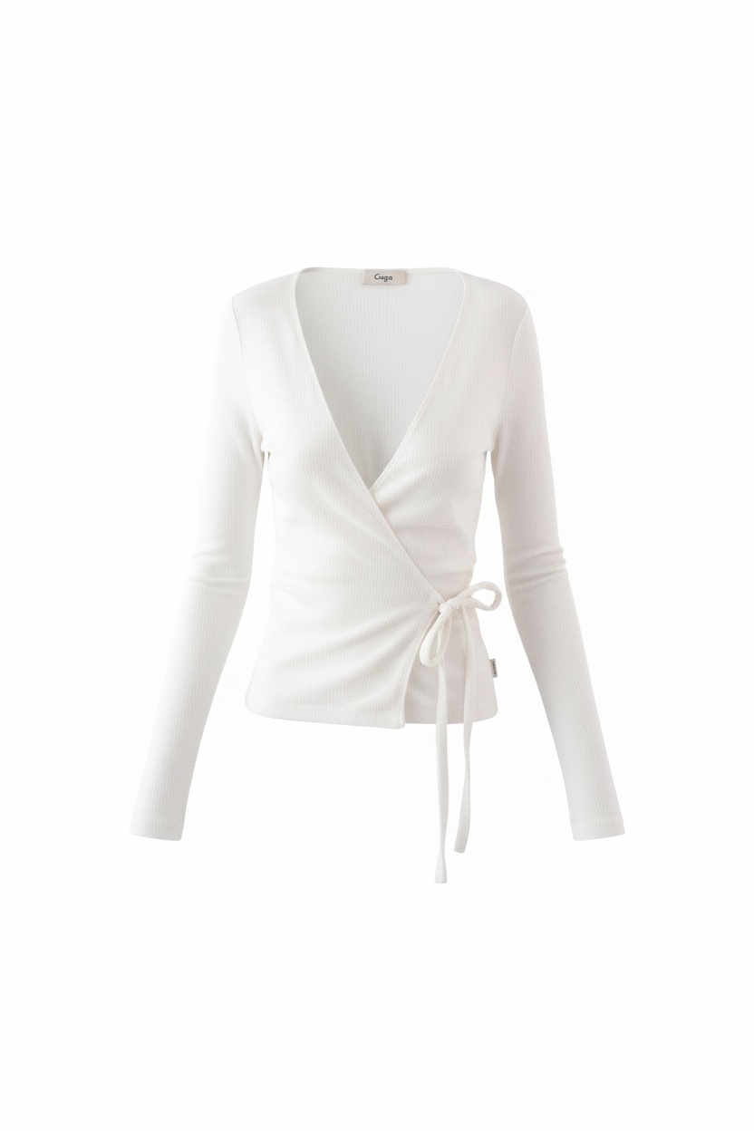White Ribbed Knit Long Sleeve Wrap Top photo 1