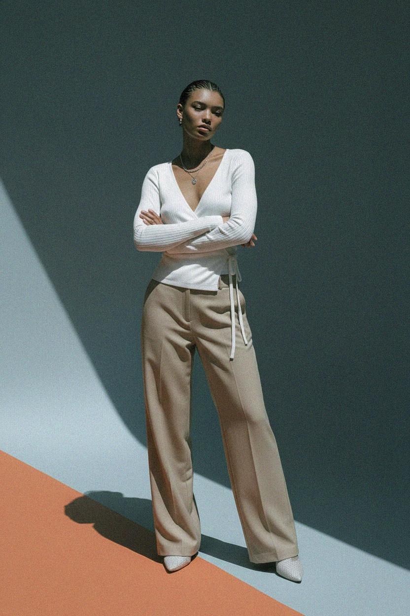 White Ribbed Knit Long Sleeve Wrap Top photo 2