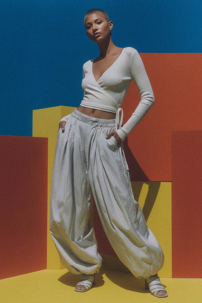 White Ribbed Knit Long Sleeve Wrap Top photo 3