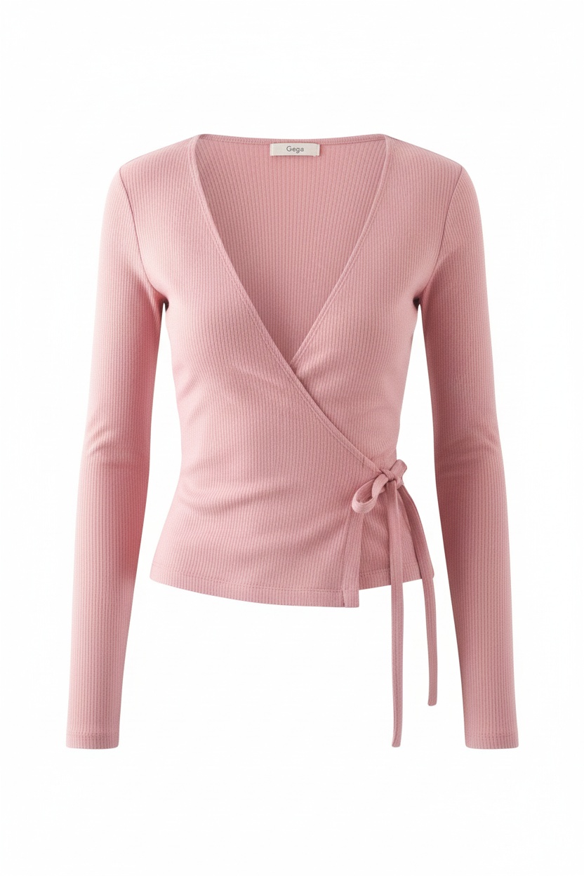 Pink Ribbed Wrap Long-Sleeve Top photo 1