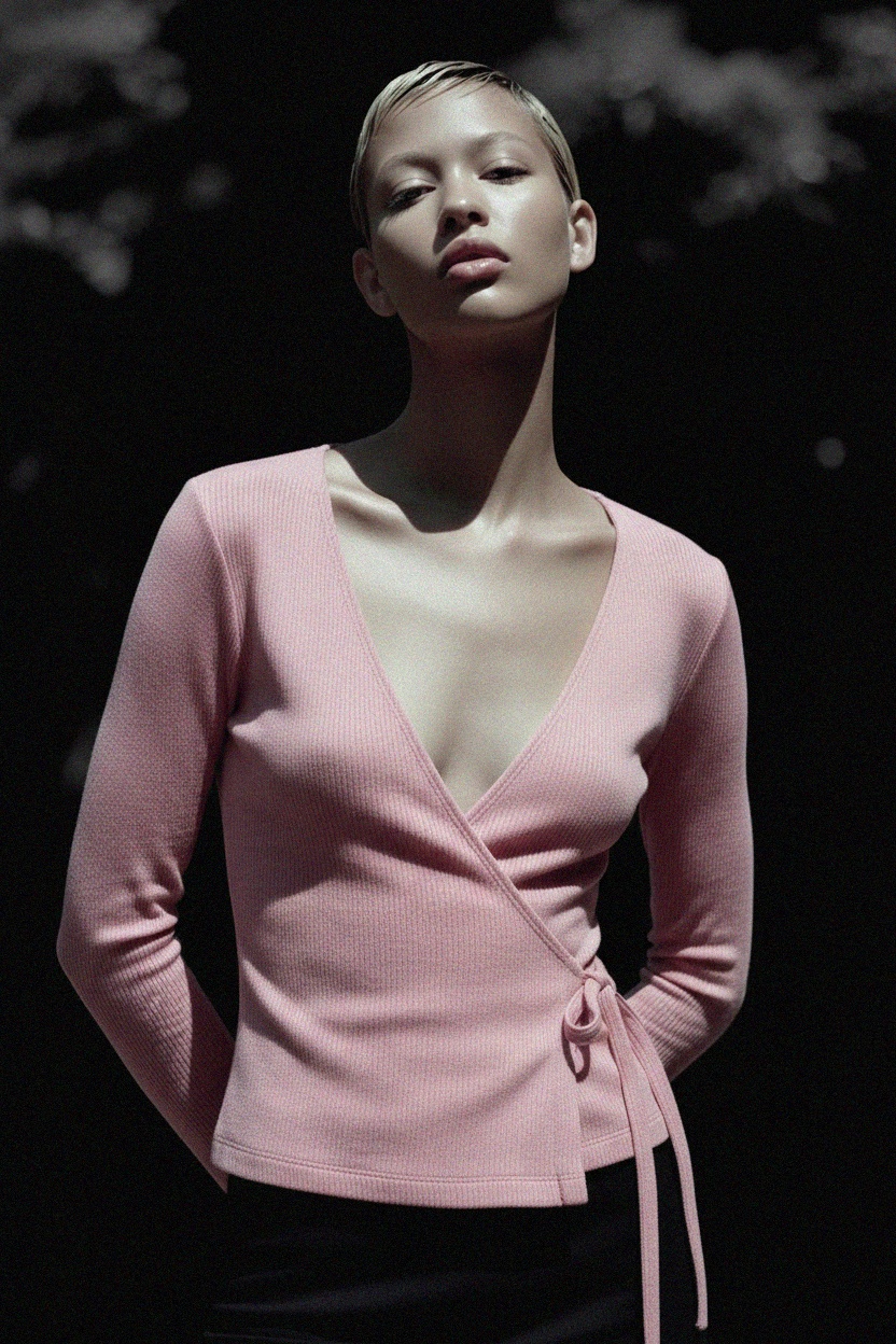 Pink Ribbed Wrap Long-Sleeve Top photo 2